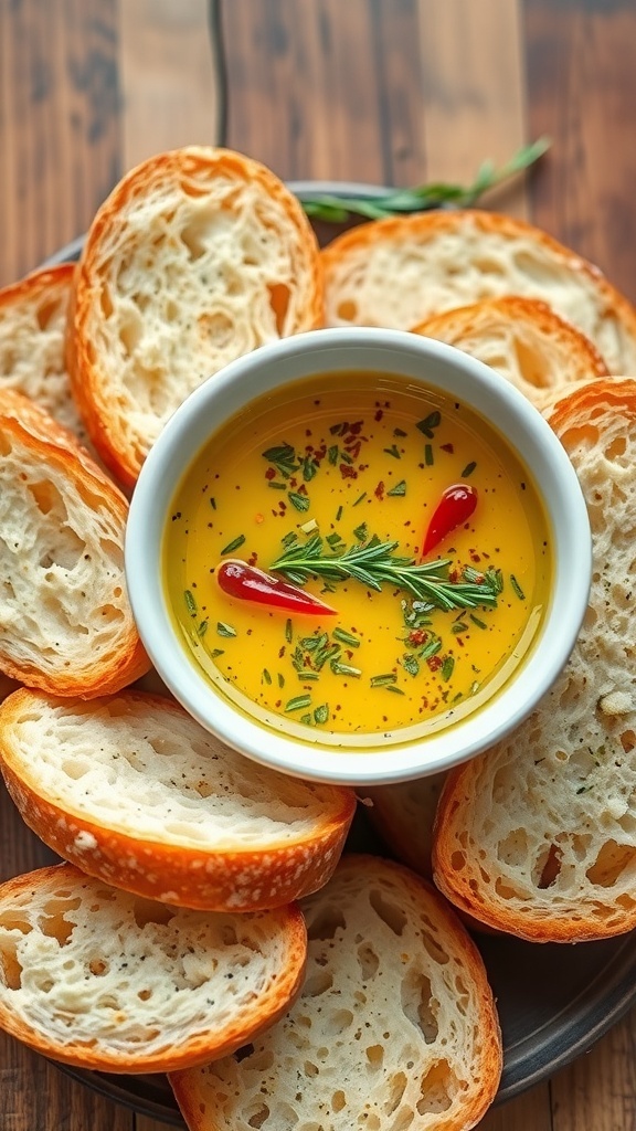 Homemade Bread Dipping Oil Recipe A bowl of homemade bread dipping oil with herbs and spices, accompanied by slices of crusty bread.